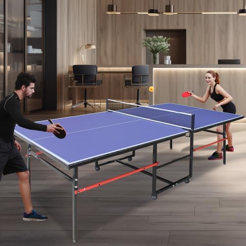 4FT/6FT/8FT/9FT Folding Rolling Table Tennis Table Regulation Ping Pong Table with 2 Paddles 3 Balls 1 Net and Post Set Fold-Up Design 4 Wheels for Easy Movement