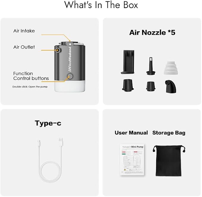 THE WEEKEND Portable Air Pump for Inflatables with Camping Lantern,3kPa Tiny Air Mattress Pump with 2000mAh Rechargeable Battery,Inflate Deflate for Sleeping Pads Pool Floats Inflatable Toys (Black)