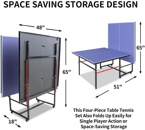 4FT/6FT/8FT/9FT Folding Rolling Table Tennis Table Regulation Ping Pong Table with 2 Paddles 3 Balls 1 Net and Post Set Fold-Up Design 4 Wheels for Easy Movement
