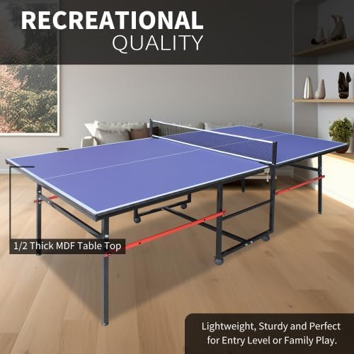4FT/6FT/8FT/9FT Folding Rolling Table Tennis Table Regulation Ping Pong Table with 2 Paddles 3 Balls 1 Net and Post Set Fold-Up Design 4 Wheels for Easy Movement