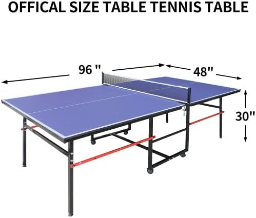 4FT/6FT/8FT/9FT Folding Rolling Table Tennis Table Regulation Ping Pong Table with 2 Paddles 3 Balls 1 Net and Post Set Fold-Up Design 4 Wheels for Easy Movement