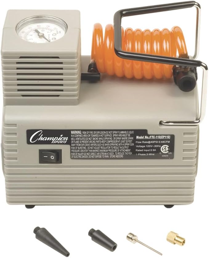 Champion Sports Electric Ball Inflator with Needle - Quiet Air Compressor for Basketball, Soccer, Volleyball & Sports Balls, High PSI Rating, Fast Inflation, 110-120V AC Power for Gym & School Use