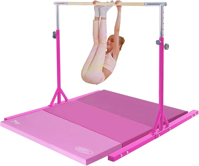 Kangaroo Hoppers Gymnastics Bar with Mat for Kids 3-15, Adjustable 35.4"-57.1" Gymnastics Horizontal Bars with Steel Frame at Home/Indoor Training, 260LBS (Pink)