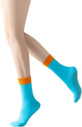 Yoga Pilates Socks with Grips for Women Non Slip Color Blocking Cushioned Crew Socks for Barre Ballet Dance