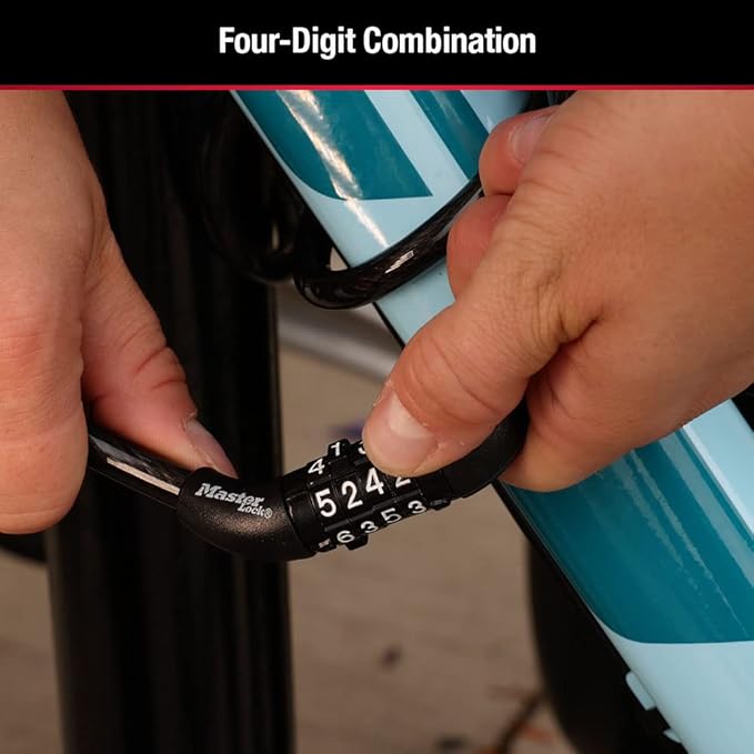 Master Lock Black Set Preset Combination Bike Lock, Metal Cable Lock has a Weather Resistant Vinyl Coating for Outdoor Equipment, Bicycles, 4 Feet Long, Pack of 2, 8143T