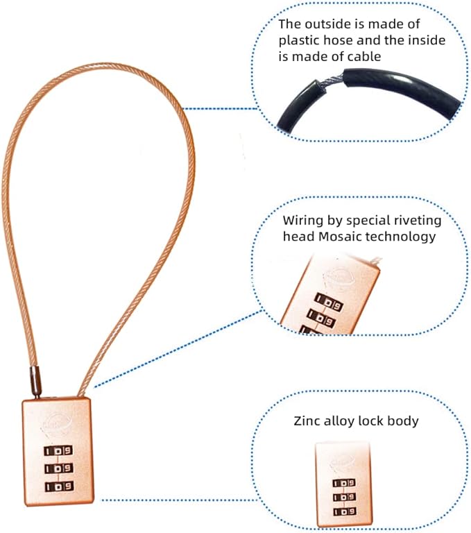 3 Digit Cable Combination Lock 20 inches Cable for School Gym Locker,Filing Cabinets,Helmet,Toolbox,Luggage Suitcase,knapsack,Gold 2Pack