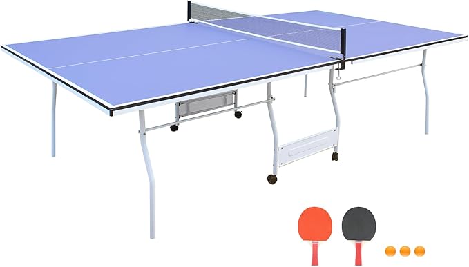 Professional Table Tennis Table, Foldable Ping Pong Game Set for Indoor, 8FT 9FT Single Player Playback Mode Ping Pong Table with Net and Post Set, 2 Paddles and 3 Balls