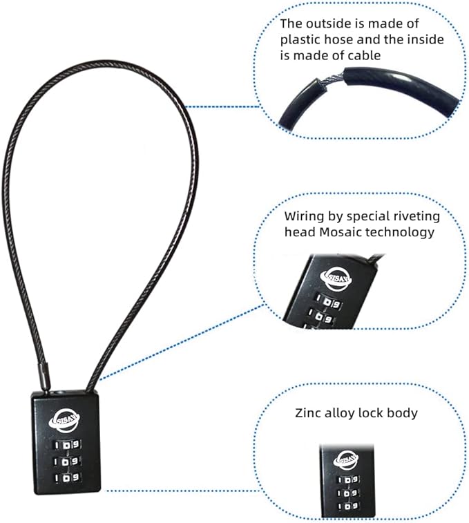3 Digit Cable Combination Lock 5 inches Cable for School Gym Locker,Filing Cabinets,Helmet,Toolbox,Luggage Suitcase,knapsack,Black 2Pack