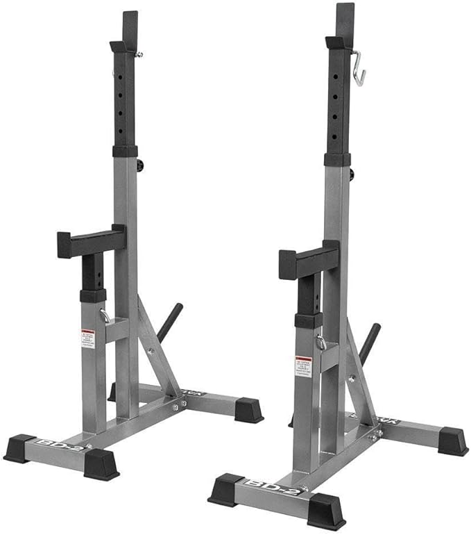 Valor Fitness Independent Squat and Bench Press Stands – Adjustable Uprights with J-Hooks, Bar Catches, Safety Arms, and Plate Storage – Strength Training Rack for Home Gym Workouts