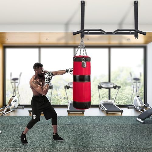Kipika 32" Ceiling Mounted Pull Up Bar - Heavy Duty, Highly Adjustable, Multifunctional Chin Up Bar - Home Gym System with Punching Bag Hanger and Resistance Bands Training