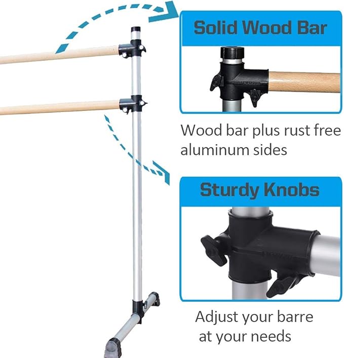 UMEKEN Wood/Aluminum/Steel Ballet Barre 4 Foot Portable Barre Bar Home Adjustable Freestanding Ballet Stretch Dance Bar for Kids Adult with Carry Bag