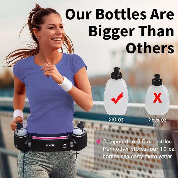 PYFK Upgraded Running Belt with Water Bottles, Hydration Belt for Men and Women, Water Bottle Holder Running Pouch Belt, Fanny Pack Fits 7 inches Phones, Waist pack for Running Hiking Climbing