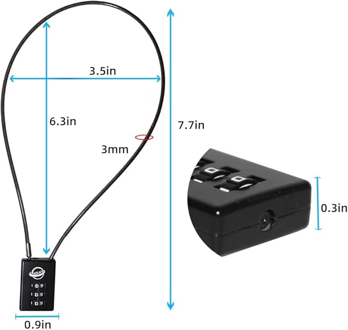 3 Digit Cable Combination Lock 20 inches Cable for School Gym Locker,Filing Cabinets,Helmet,Toolbox,Luggage Suitcase,knapsack,Black 2Pack