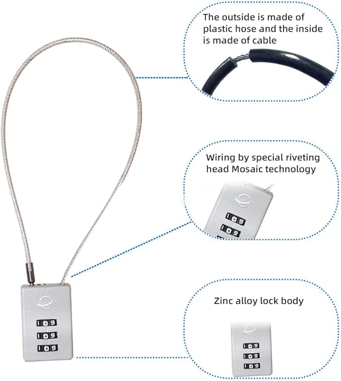 3 Digit Cable Combination Lock 16 inches Cable for School Gym Locker,Filing Cabinets,Helmet,Toolbox,Luggage Suitcase,knapsack,Grey 2Pack