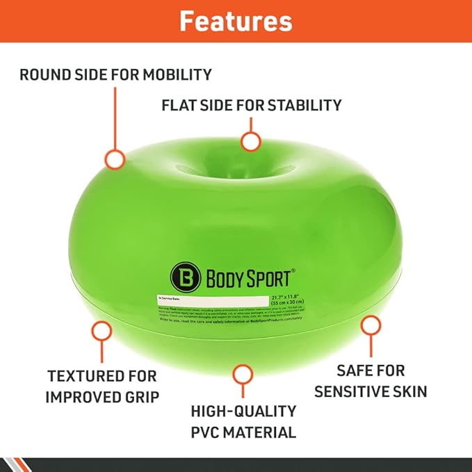 Body Sport Donut Ball – Durable, Inflatable Exercise Ball for Balance & Stability Training, Yoga, & Pilates Workouts – Use in Home, Office, Gym, or Classroom