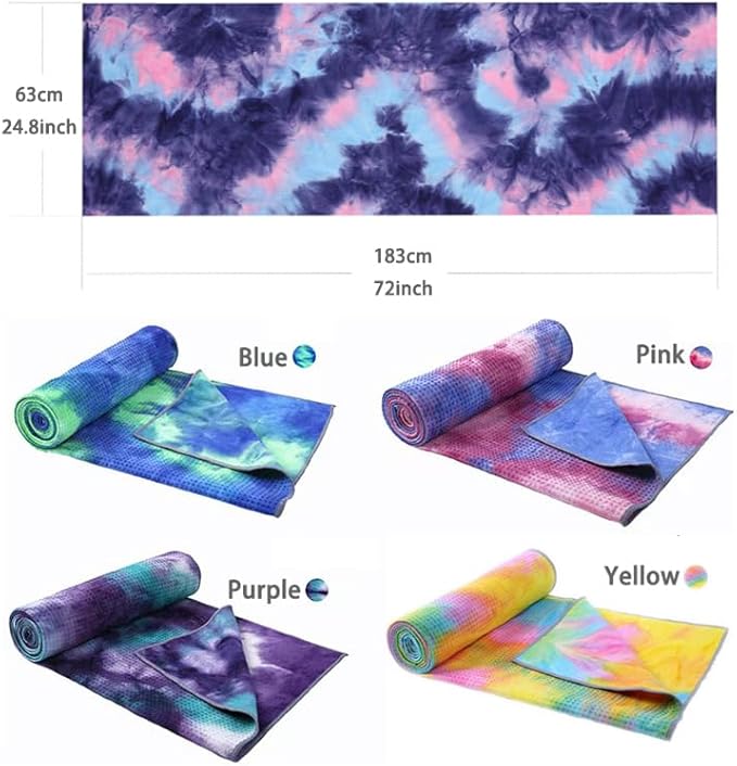 Tie-Dye Hot Yoga Towel with Non-Slip Grip Dots, Microfiber Yoga Mat Sweat Absorbent Mat Cover for Yoga, Pilates, & Workouts - 72" x 24.8", Free Carry Bag (Pink)