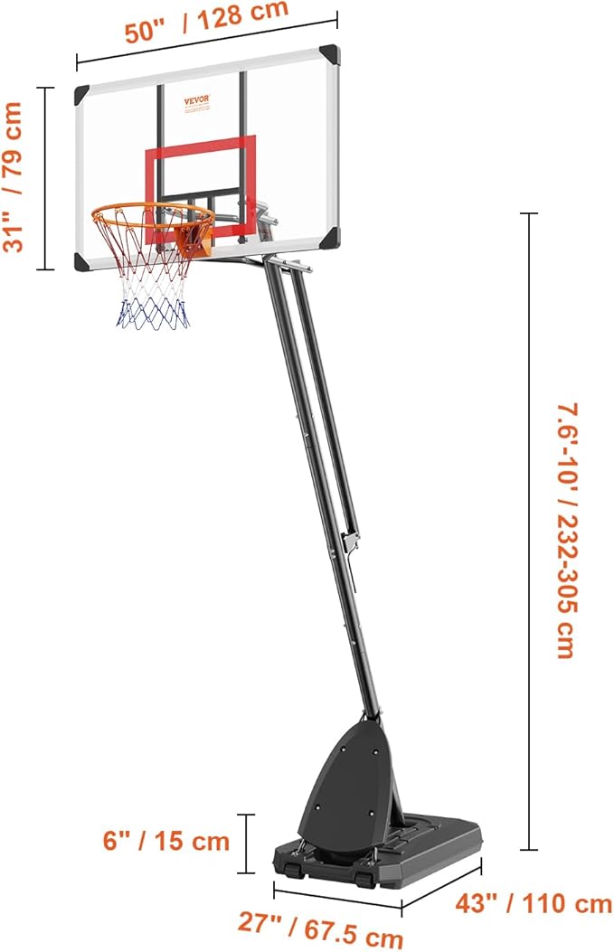 VEVOR Basketball Hoop/Rim, Adjustable Height Portable Backboard Court, Basketball Goal, Mobile Stand with Wheels Weighted Base, Youth&Adults, Outdoor/Indoor