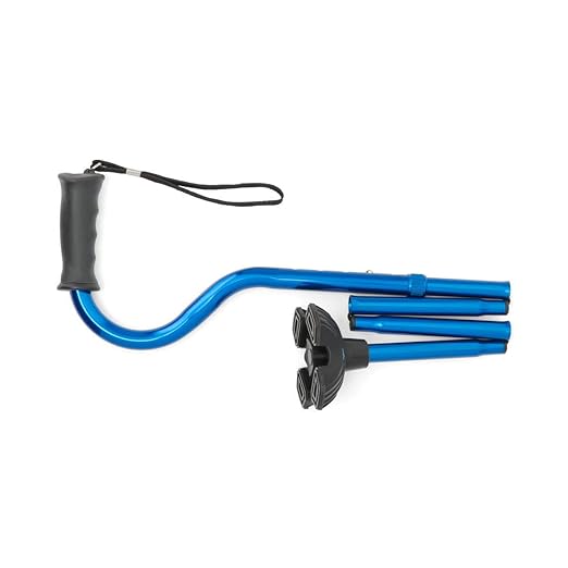 Medline Offset Folding Cane, 4-Point Base with Cushioned Gel Handle, Supports up to 350 lbs, Blue