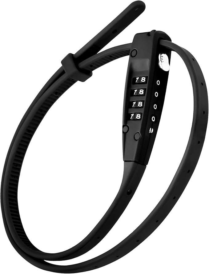 OKG 4-Digit Combination Zip Tie Lock - 2.3 Foot Extended Stainless Steel Adjustable Cable Lock with Anti-Scratch Protection- Secure Bikes, Helmets, Skis, Kayak, Luggage, and Fence Gate Doors (Black)