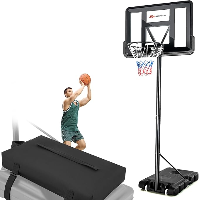 Goplus Portable Basketball Hoop, 10FT Height Adjustable Basketball Goal w/44‘’ Shatterproof Backboard, Outdoor Basketball Stand for Adults Backyard Driveway