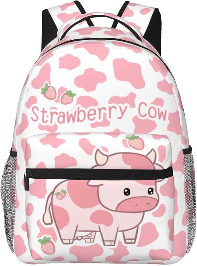 Cute Pink Strawberry Cow Print Backpack for Boys Girls Bookbags Lightweight Adjustable Elementary Middle High School Bags for Kids Children Teenagers Travel Daypack Laptop Hiking Backpacks