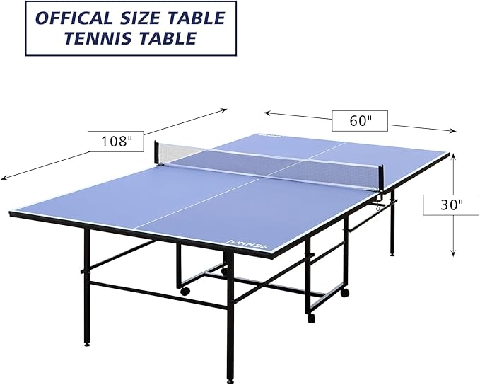 Folding Rolling Table Tennis Table Regulation Ping Pong Table with 2 Paddles 2 Balls 1 Net and Post Set Fold-Up Design 4 Wheels for Easy Movement, BLUE