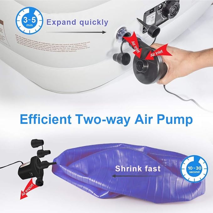 FBve Electric Air Pump, 100-240V AC/12V DC Portable Electric Air Mattress Pump, Quick-Fill Inflator/Deflator with 3 Nozzles for Outdoor Camping, Inflatable Cushions, Air Mattress Beds, Boat