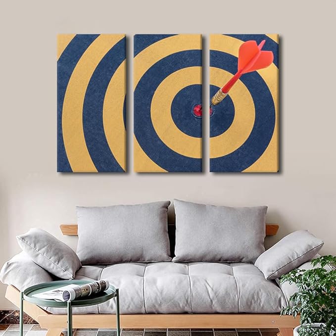 3 Piece Dart Board Paintings Black and White Wall Art Dart Hits the Bullseye Pictures Canvas Wall Art for Bedroom Wall Decor Living Room House Decor Stretched and Framed Ready to Hang(28"Wx42"H)