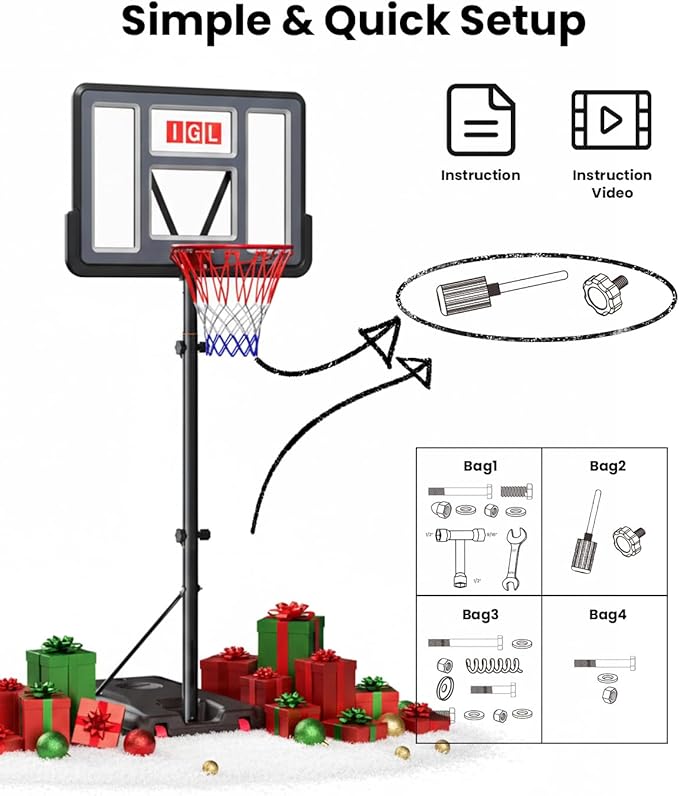 IGL Portable Basketball Hoop, 10ft Height Adjustable Basketball Goals Outdoor, 44 Inch Shatterproof Backboard Basketball Goal System for Backyard, Driveway, Court