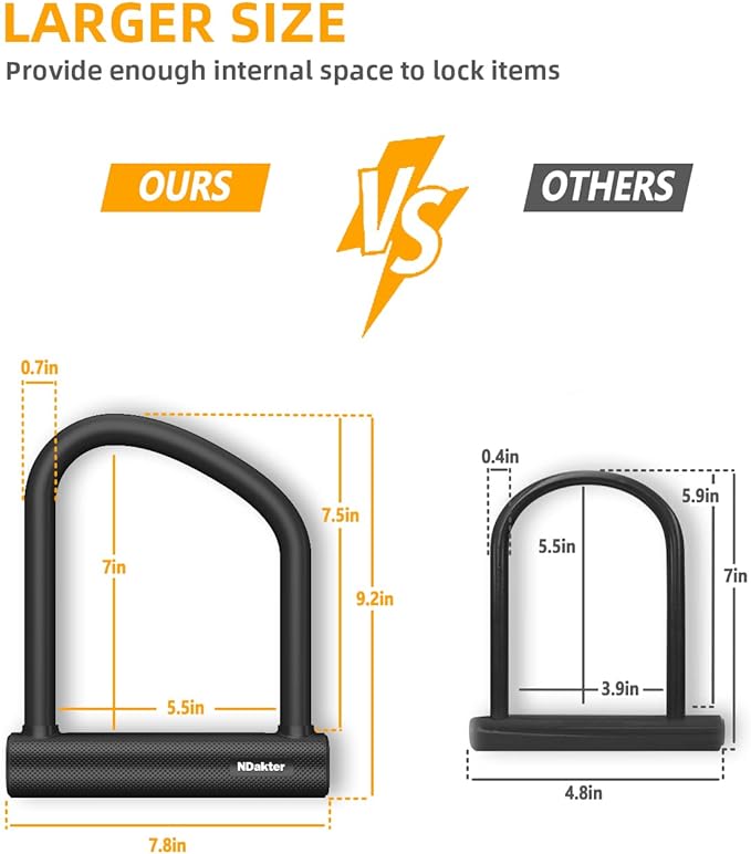 NDakter Bike Locks Heavy Duty Anti Theft, Bicycle U Lock for Ebike, 18mm Shackle, 6FT Steel Security Cable with 3 Keys for Electric Escooter, Motorcycle, Moped, Dirt-Bike, Tri-Bike Wheel Lock Sturdy