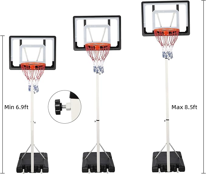 Basketball Hoop for Kids, Grow with Kids, Adjustable Height 5Ft – 6.8Ft/6.9Ft -8.5Ft, Basketball Portable Hoops & Goals, w/Wheels Indoor Outdoor Basketball Goal, Stable Construction