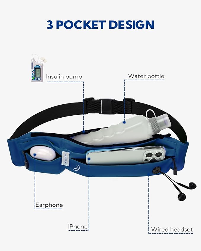 WATERFLY Running Belt Fanny Pack: Runner Marathon Jogging Waist Pack Sport Workout Exercise Fitness Phone Holder Belt for Men Women Jogger Slim Waistband Dark Blue