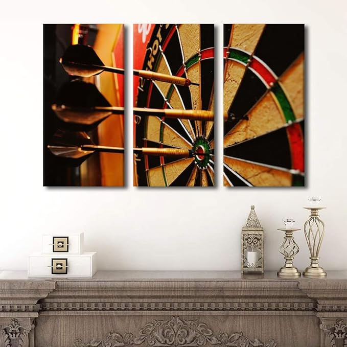 Large Sports Theme Modern 3 Panels Gallery Wrapped Dart Hits the Bullseye Giclee Canvas Prints Amazing Dart Plate Photo Paintings on Canvas Wall Art for Living Room Home Decor Ready to Hang(40"Wx60"H)