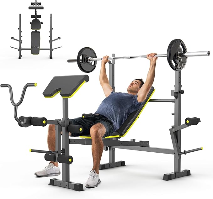 6 In 1 Weight Bench Set, 2093 LBS Foldable Bench Press with Push-Pull Bench, Adjustable Work Out Equipment for Home Gym with Squat Rack, Standard Strength Training Bench