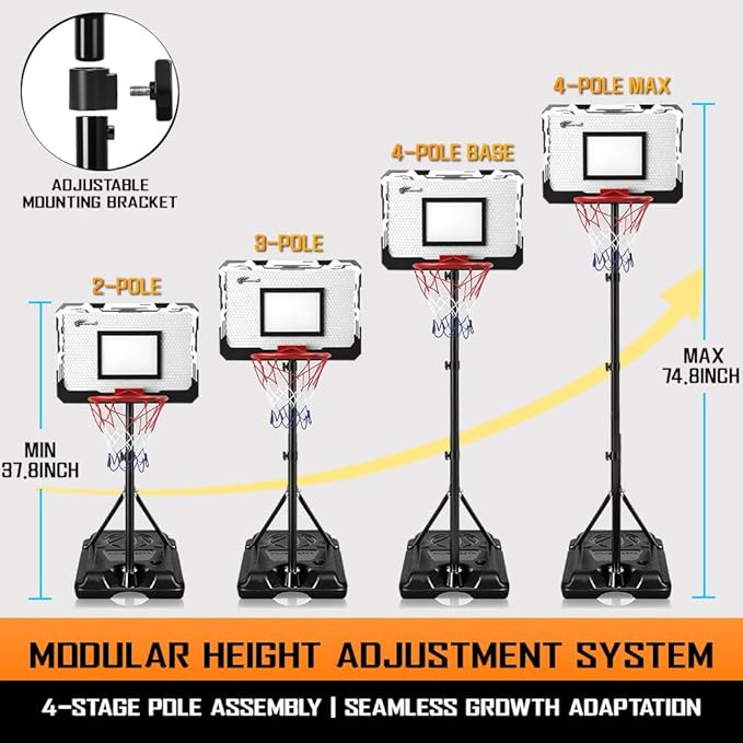 Kids Portable Basketball Hoop, Adjustable Height 38-75in/3.2-6.2FT Tall Toddler Basketball Toy, Fillable Base, Indoor Outdoor Backyard Pool Sport Game Gift for Boy Girl Ages 3 4 5 6 7 8 Years Old