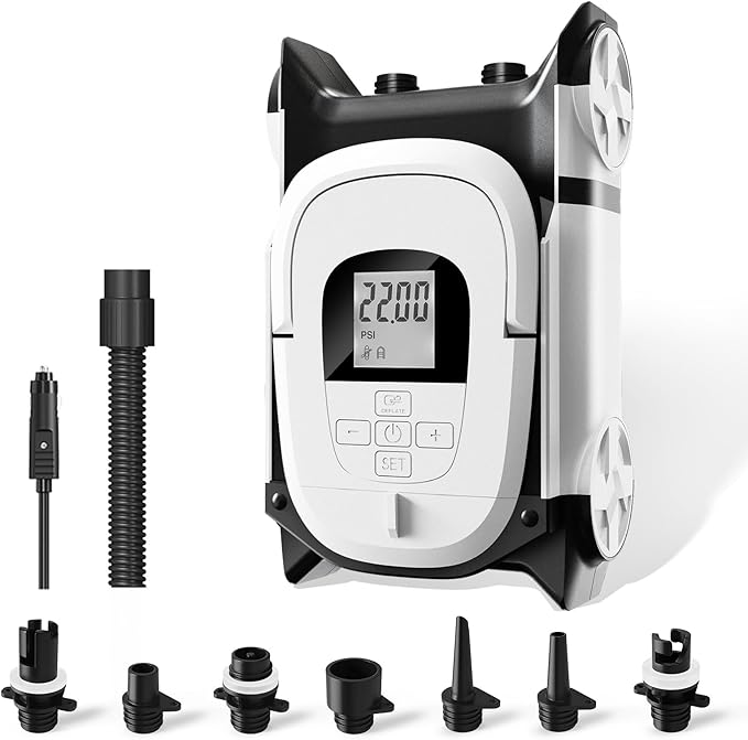 Paddle Board Pump with Auto-Off Function Dual Motor for Inflatable SUP and Boat, 22PSI Portable Electric Air Pump for Paddleboard with DC 12V Car Power Connector and Kayak Accessories
