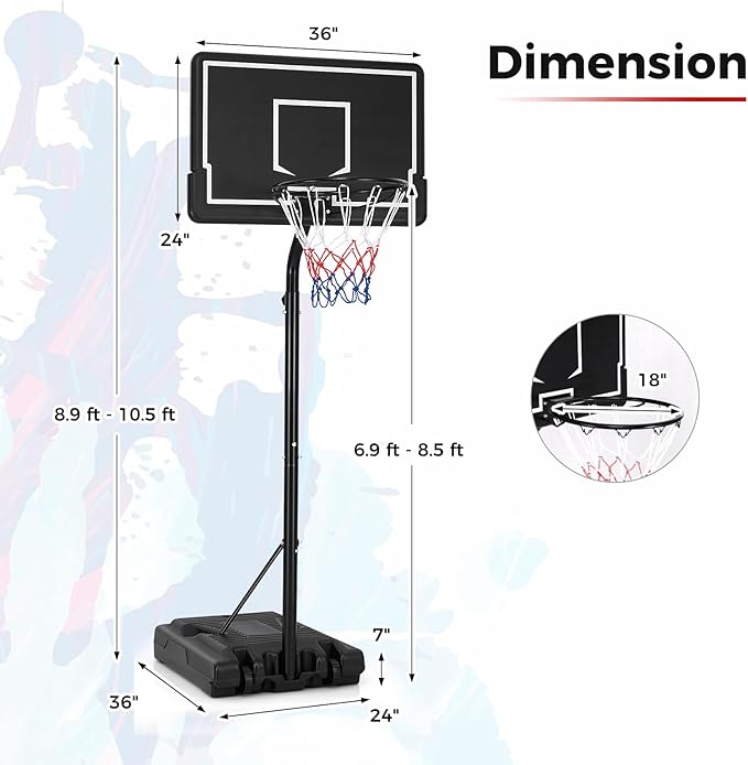 Goplus Portable Outdoor Basketball Hoop, 6.9-8.5 FT Adjustable Basketball Goal System w/Fillable Base, Shatterproof PC Backboard, Transport Wheels for Kids Teens Youth in Backyard Driveway Indoor