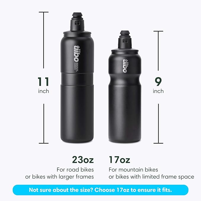 tiibo Vacuum Insulated Stainless Steel Bike Water Bottle, Double Wall, No-Squeeze, Fast Flow Sport Nozzle, Designed for Cycling, Biking, Fitness & Sports, Fits Most Bike Cages (Black, 23OZ)