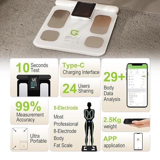 Fitness Body Fat Scales with Hand Sensors 8 Electrodes 29 Body Analysis 180kg Weight Scale, Professional Body Fat and Muscle Mass Analyzer with App/Large Display (Black)