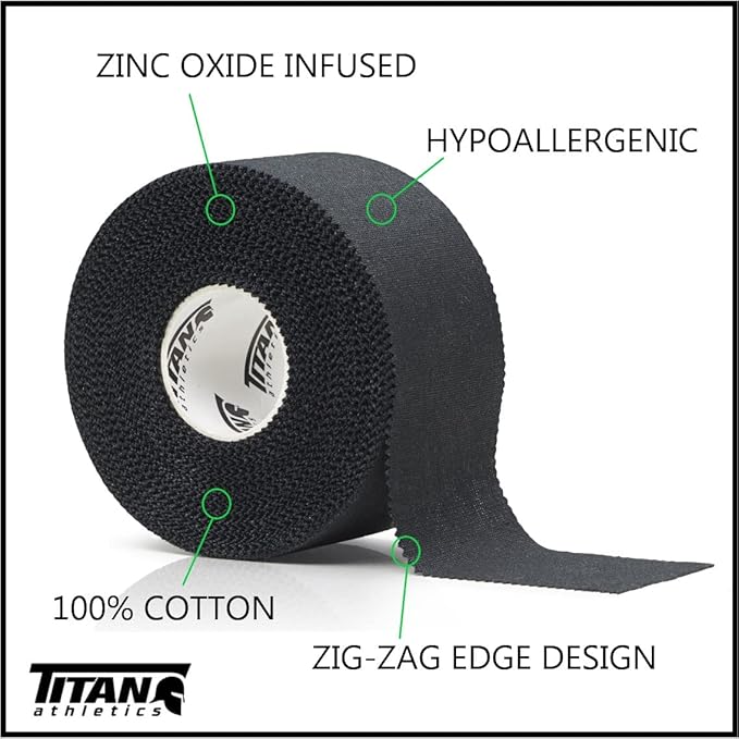 Titan Athletics - Premium Quality Black Athletic Tape/Sports Tape - 1 1/2 Inch x 45 Feet Per Roll - 100 Percent Cotton with Zinc Oxide - Easy Tear Zig Zag Design. (Black, 4 Tape + 2 PreWrap)