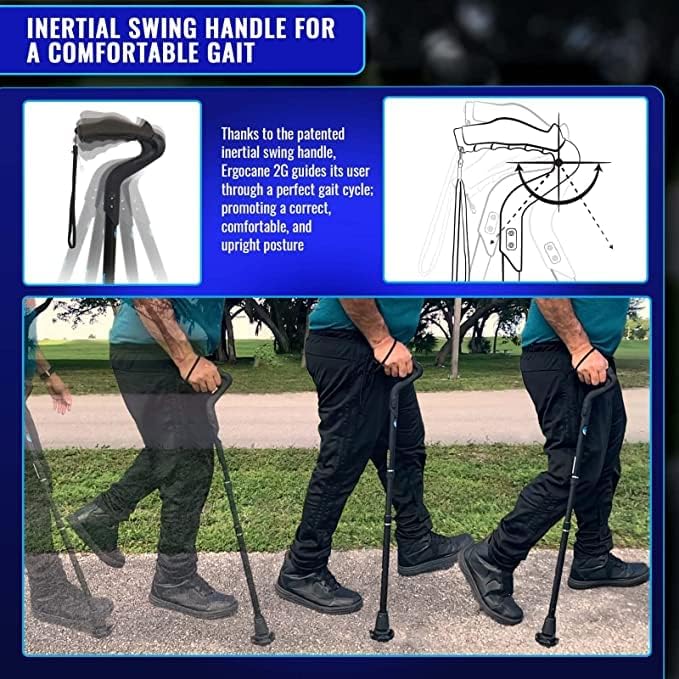 Ergocane 2G by Ergoactives As Seen On TV. Spring-Assisted Shock Absorber Fully-Adjustable Ergonomic Cane, Newly Released, Equipped with Stand Alone High Performance Rubber Tip (Matte Black Design)