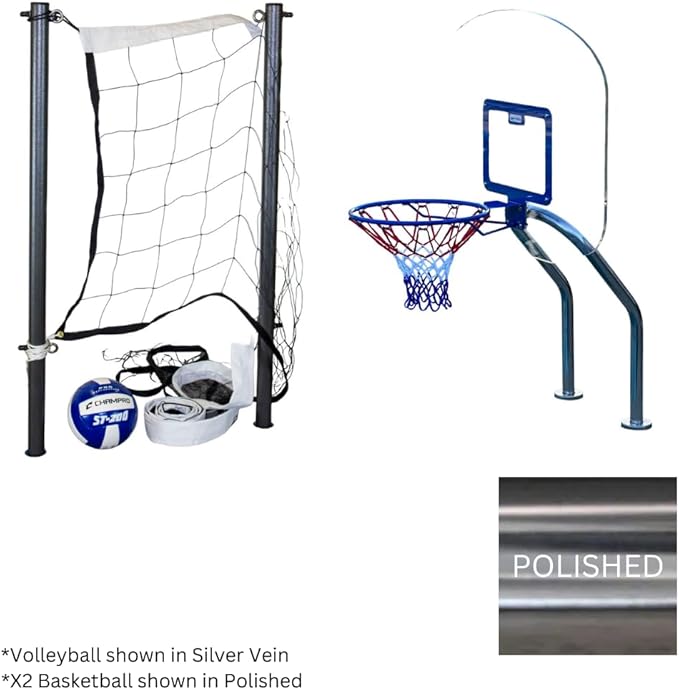 Global Pool Products X2 Basketball and Volleyball Pool Game - Set Includes 20' Net & Ball Stainless Steel Polished - No Anchor GPP-X2VB20-SS