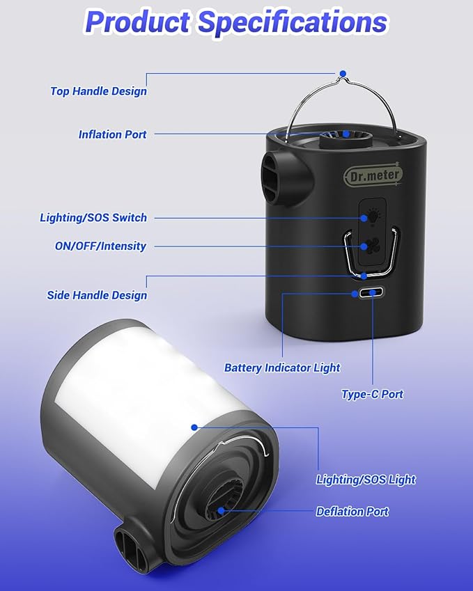Dr.meter Air Pump for Inflatables, 3600mAh Rechargeable Air Mattress Pump with Camping Light 4.8kPa Fast Inflate Deflate Portable Mini Air Pump for Sleeping Pad, Swimming Ring, Pool Float, Vacuum Bags