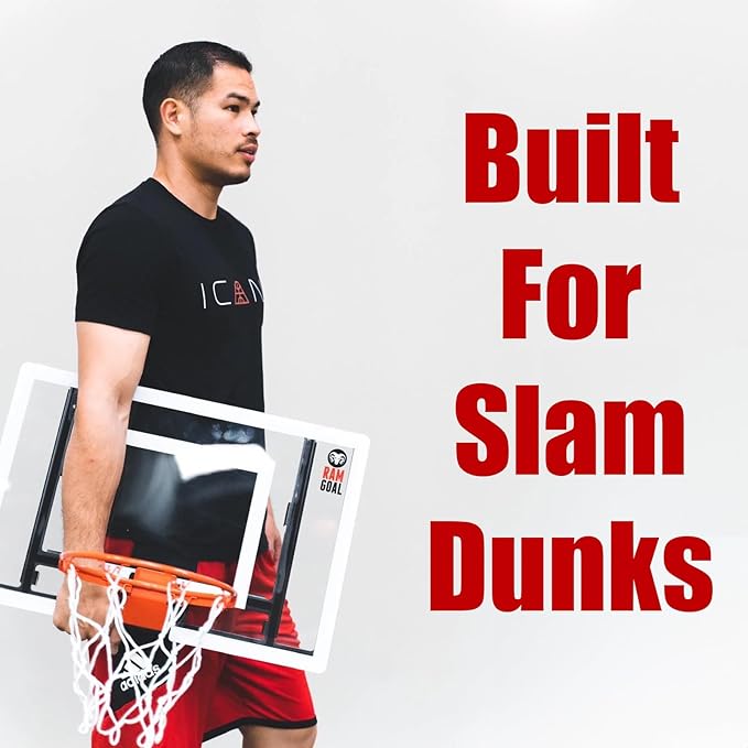 RAMGOAL Wall Mounted Indoor Adjustable Mini Basketball Hoop with Ball | 24" Shatter Resistant Backboard with Professional Grade Breakaway Rim and Steel Reinforced Wall Mount Built for Slam Dunks