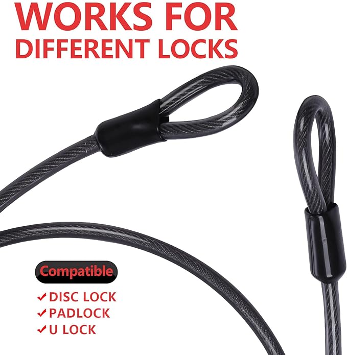 DELSWIN Security Steel Cable with Loops - 3/8 inch (10 mm) Thick (6' or 15') Heavy Duty Bike Lock Cable Vinyl Coated Braided Cables for U-Lock and Padlock