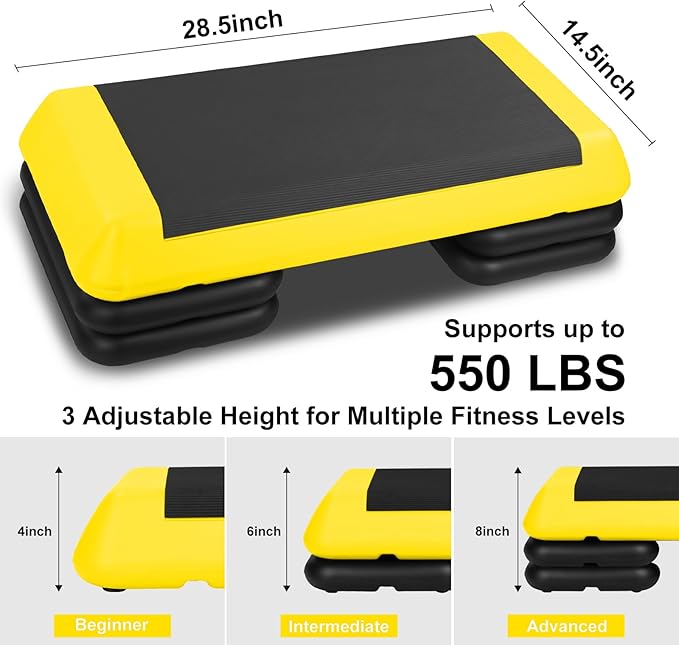 Exercise Workout Aerobic Step Platform Trainer, 28.5" Aerobic Stepper with 4"-6"-8" Adjustable Height Risers