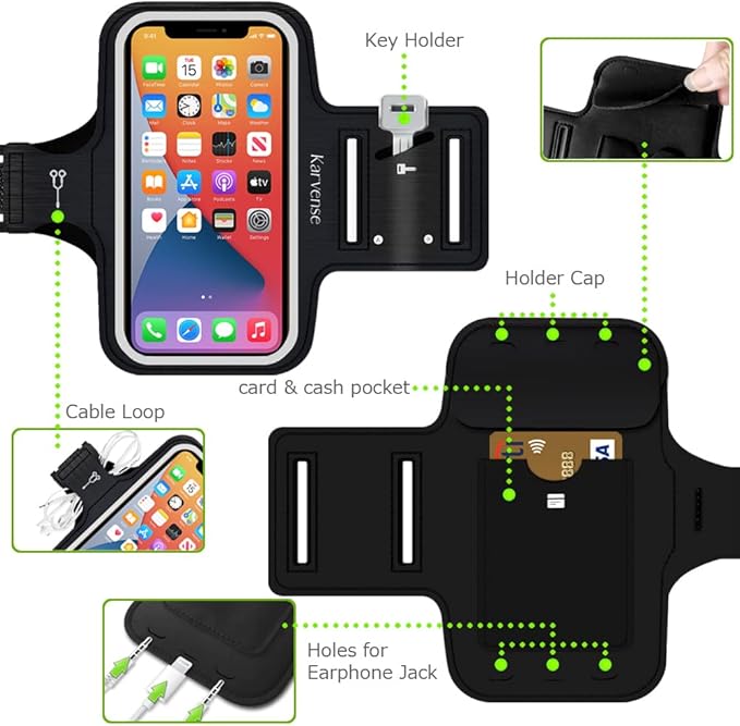 Phone Holder for Running, Karvense Phone Arm Bands for Running Exercise Workout Jogging, Cell Phones Armband for iPhone 16 Pro/16/16e/15 Pro/15/14 Pro/14/13 Pro/13/12, Samsung Galaxy S/A, to 6.3''