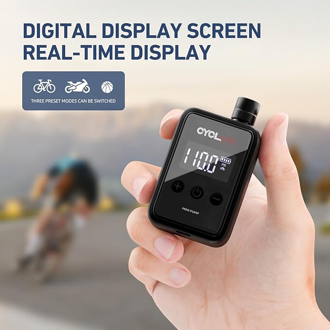 150 PSI Electric Bike Pump - Mini Portable Air Compressor with Digital Pressure Gauge, Auto-Off, Fast USB-C Charging for Presta/Schrader Valves - Cordless Bicycle Tire Inflator for Road/MTB