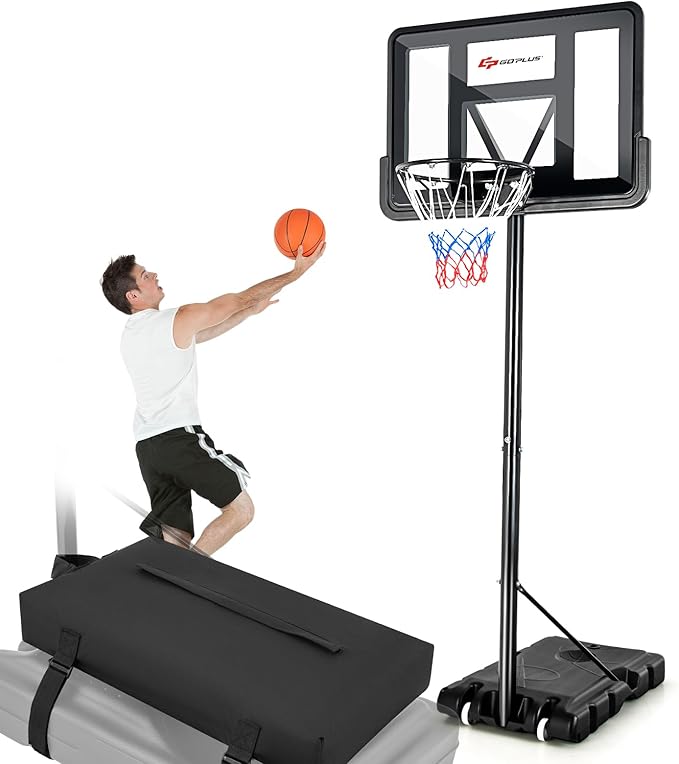 Goplus Portable Basketball Hoop, 4.25-10FT Height Adjustable, 44'' Shatterproof Backboard, 18" Basket Rim, Wheels, Basketball Goal for Adults Outdoor
