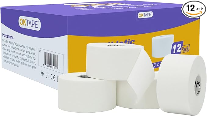 OK TAPE Athletic Sports Tape（12-Rolls) -45ft Per Roll Very Strong Tape for Athlete & Sport Trainers & First Aid Injury Wrap, Perfect for Fingers Ankles Wrist on Bat, Hockey Stick - White